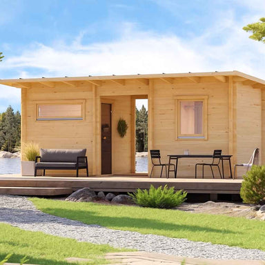 A modern wooden GardenHouse24 USA Urho 70 A Garden Room with a front porch by a lake