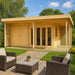 A modern wooden building with a spacious covered deck and glass doors is the GardenHouse24 USA Kilian 70 Garden Room