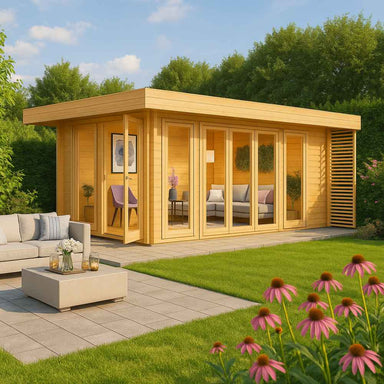 A modern wooden building with large glass panels sits in a lush backyard surrounded by greenery and flowers—this is the GardenHouse24 USA Lisa 70B Garden Room