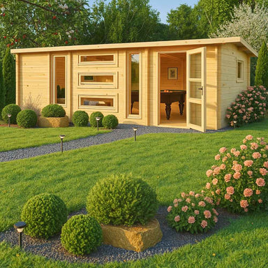 A modern wooden garden house with large windows and a sleek flat roof stands in a lush green yard, showcasing the GardenHouse24 USA Dundee 70C Garden Room as a stylish outdoor retreat