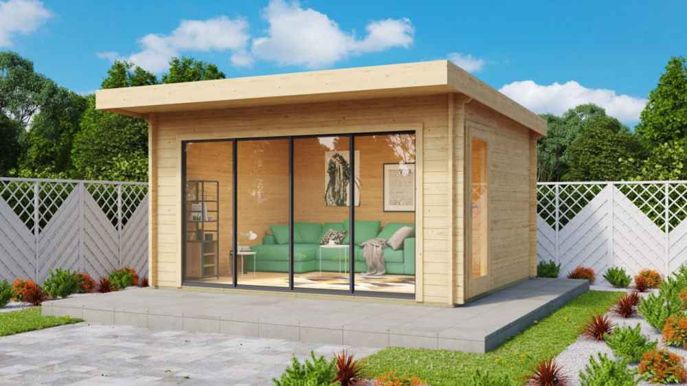 A modern wooden garden room with large sliding glass doors and a green sofa inside is shown as the GardenHouse24 USA ALU Concept 70E Garden Room