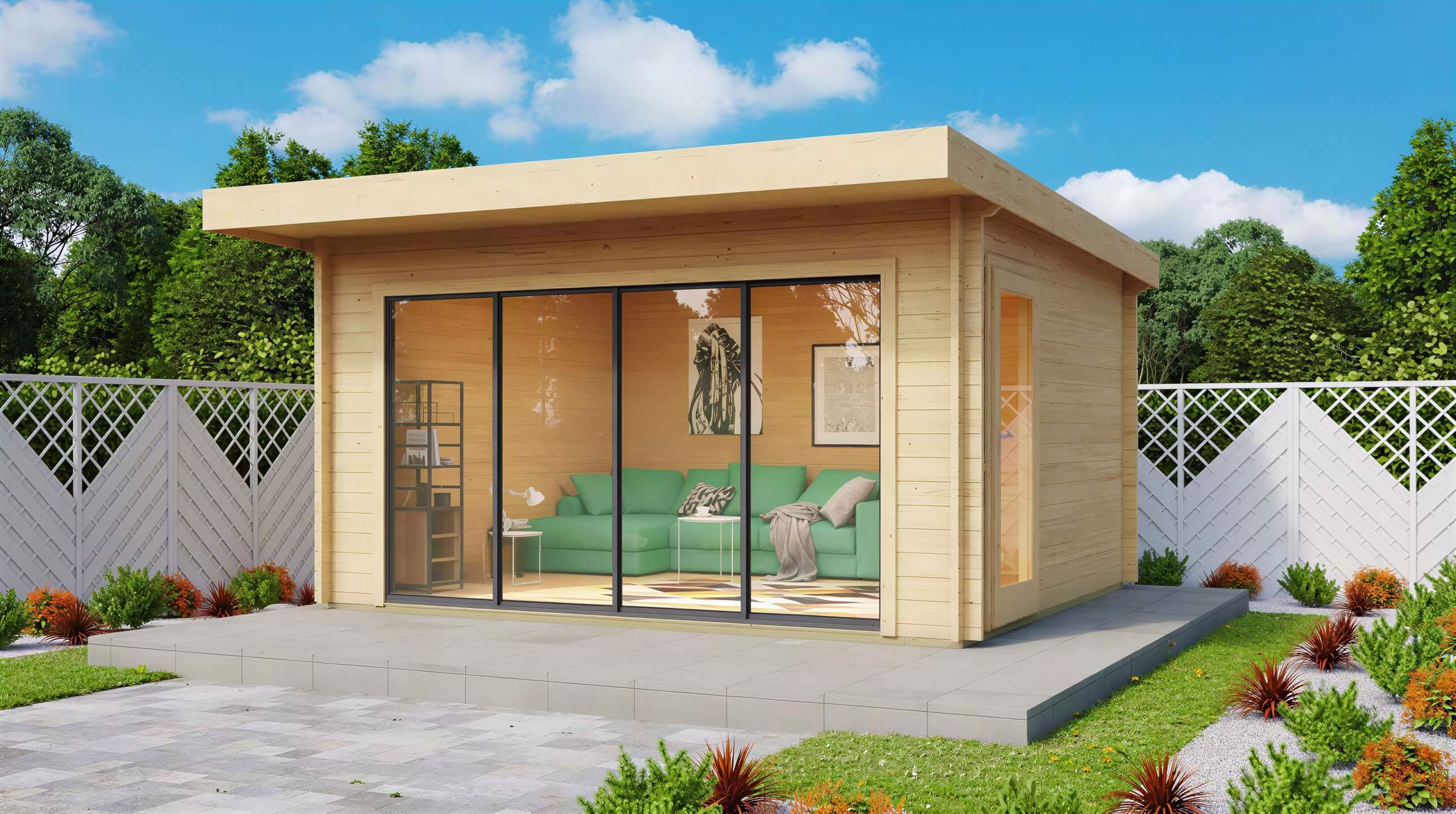 A modern wooden garden room with large sliding glass doors and a green sofa inside is shown as the GardenHouse24 USA ALU Concept 70E Garden Room