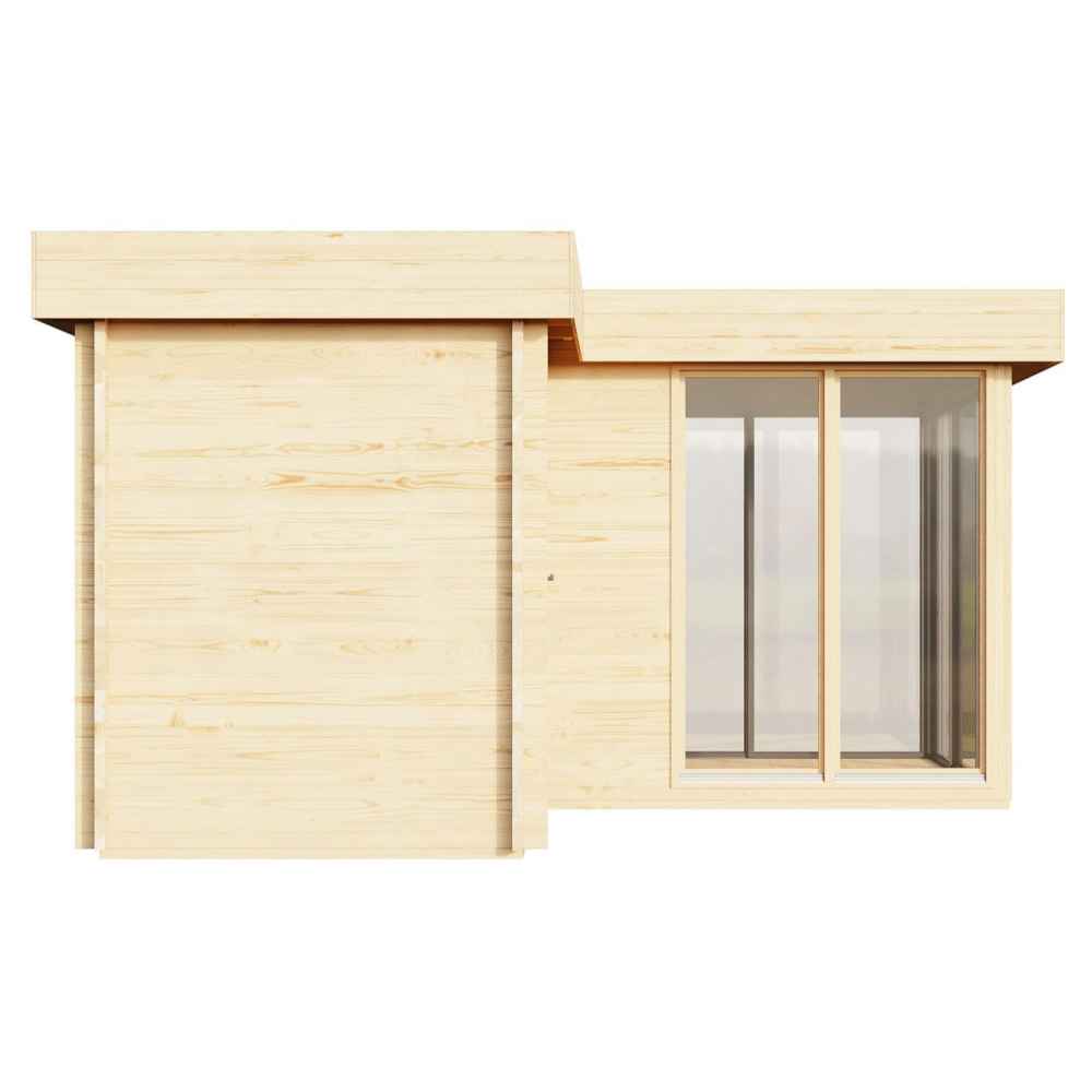 A partial side view of the GardenHouse24 USA ALU Concept 70M Garden Room displays one glass wall and one solid wood wall with clean, minimal lines