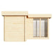 A partial side view of the GardenHouse24 USA ALU Concept 70M Garden Room displays one glass wall and one solid wood wall with clean, minimal lines