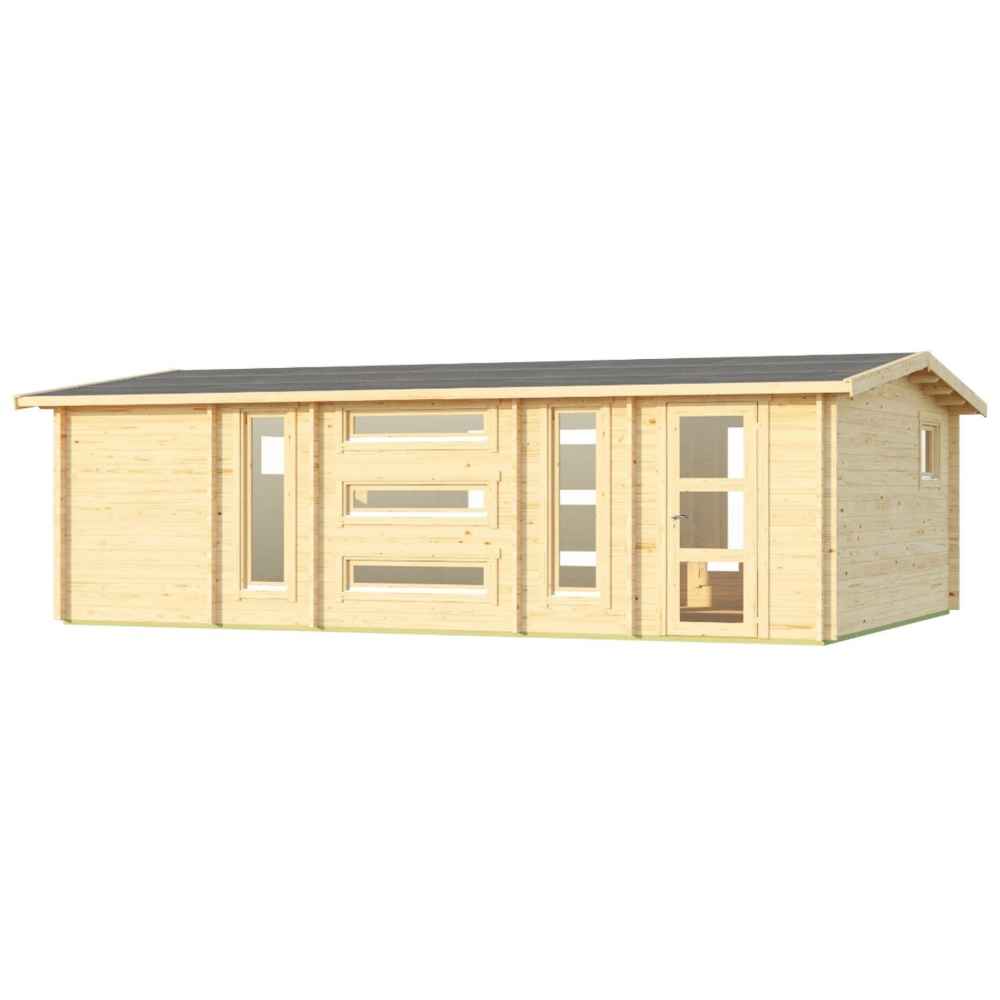 A perspective view of the GardenHouse24 USA Dundee 70C Garden Room highlights its long side with geometric windows and a double door entry