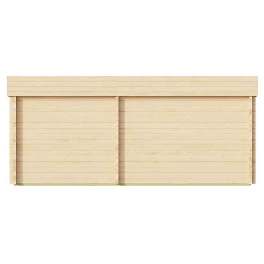 A plain back view of the GardenHouse24 USA Sauna Giocoso 70 Garden Room displays its smooth wooden walls with minimal detailing