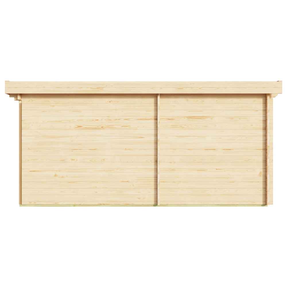 A plain rear view of the garden room with no windows, emphasizing the uninterrupted natural wood surface of the GardenHouse24 USA ALU Concept 70G Garden Room