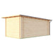 A plain side view of the GardenHouse24 USA Starla 44E ALU ISO Garden Room shows smooth, unfinished wooden walls with a flat overhanging roof and a gutter