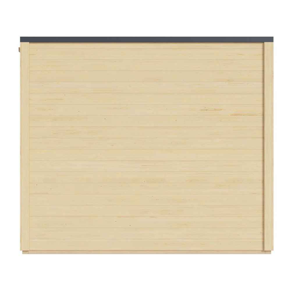 A plain side wall of the GardenHouse24 USA Q Bic ALU 70G Garden Room displays smooth horizontal wood paneling