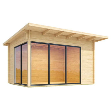A plain view of the GardenHouse24 USA Starla 44A ALU Garden Room highlights its clean, unfinished wooden walls and full-length glass panels on two sides