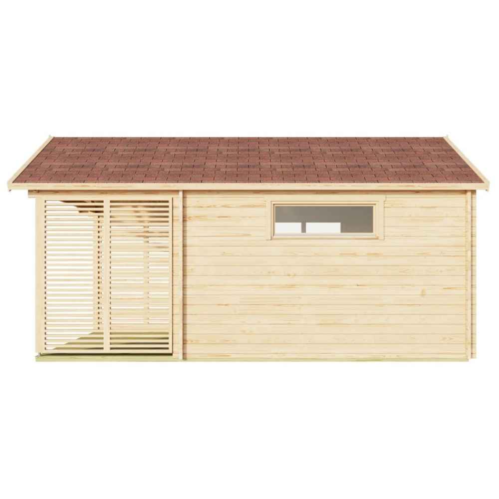 A rear-side perspective of the GardenHouse24 USA ALU Concept Arosa 44A Garden Room displays a long horizontal window and solid wooden siding with louvered privacy panels