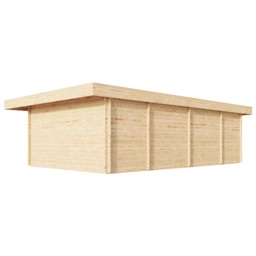 A rear-side view of the GardenHouse24 USA ALU Concept 70Q Garden Room reveals its plain wooden back wall with vertical support beams under a flat roof