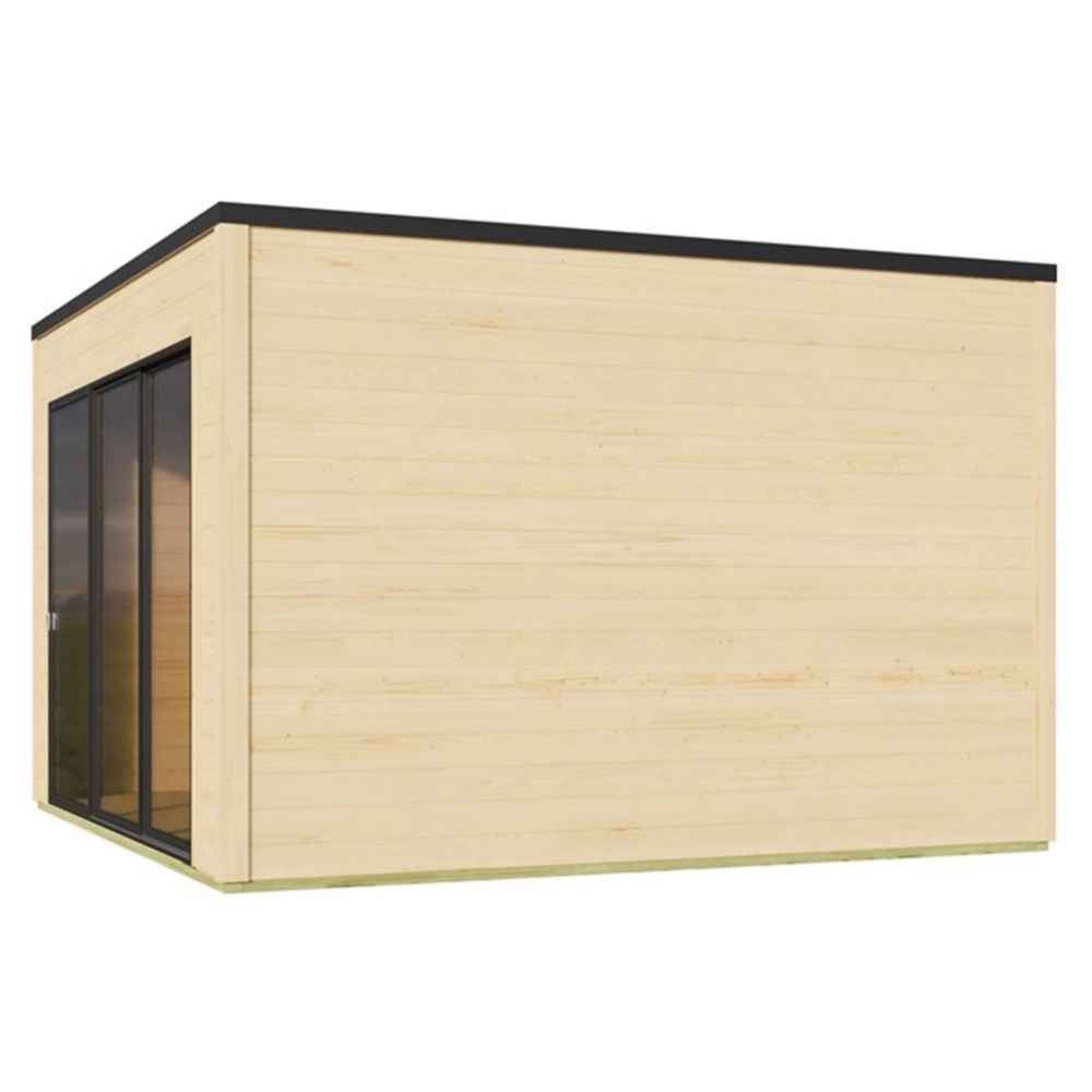 A rear-side view of the GardenHouse24 USA Q Bic ALU 44A Garden Room shows its smooth, pale wood exterior without any windows or doors