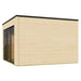 A rear-side view of the GardenHouse24 USA Q Bic ALU 44A Garden Room shows its smooth, pale wood exterior without any windows or doors