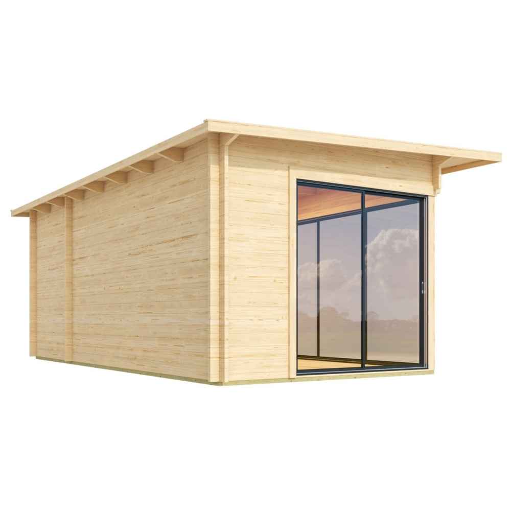 A rear corner angle of the GardenHouse24 USA Starla 44B ALU Garden Room, revealing a plain wooden exterior and one glass sliding door