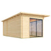 A rear corner angle of the GardenHouse24 USA Starla 44B ALU Garden Room, revealing a plain wooden exterior and one glass sliding door