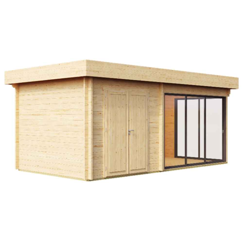 A rear corner view of the GardenHouse24 USA ALU Concept 70J Garden Room showing the natural wood structure with closed double doors and large glass panels