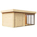 A rear corner view of the GardenHouse24 USA ALU Concept 70J Garden Room showing the natural wood structure with closed double doors and large glass panels
