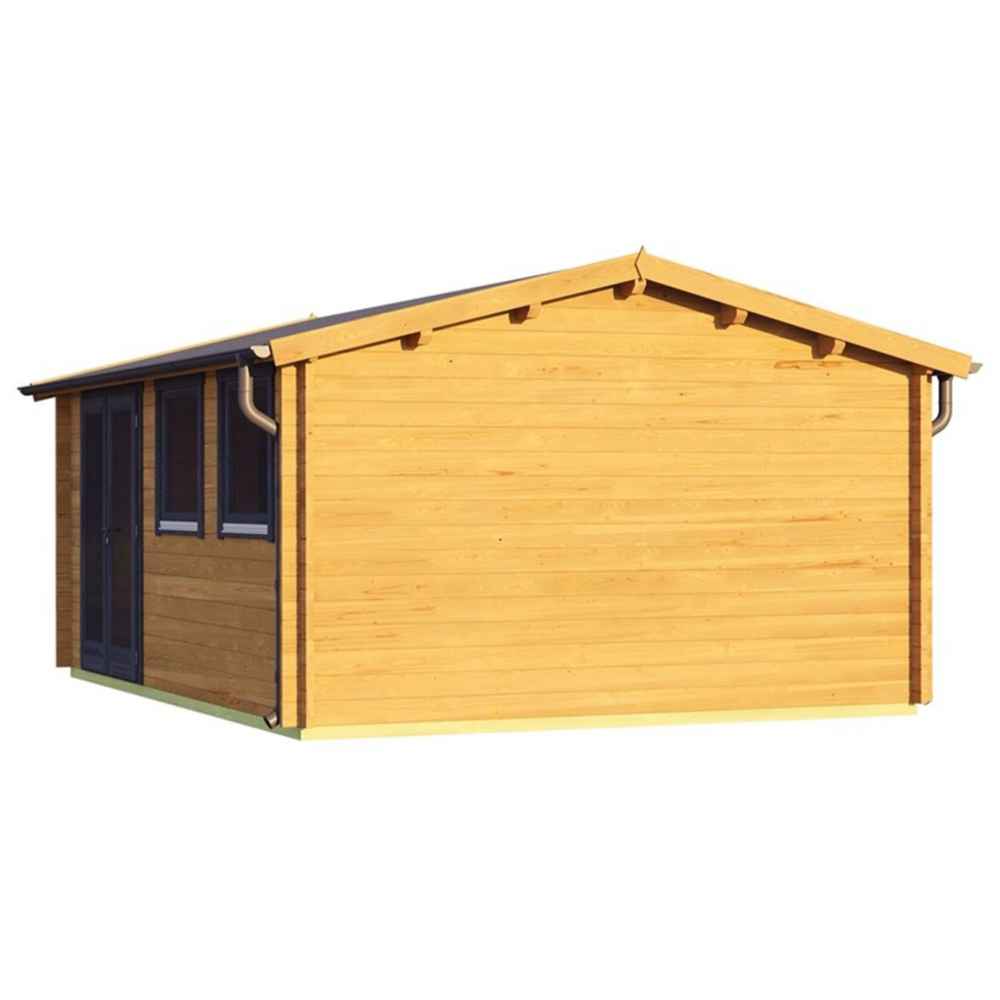 A rear corner view of the GardenHouse24 USA Miriam 44A Classic Garden Room displays its solid wood paneling and gabled roof without any openings