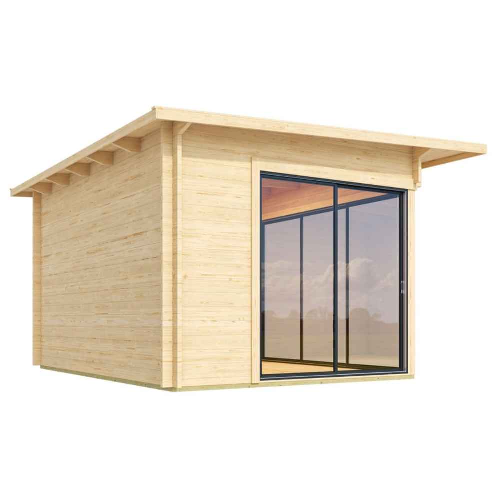 A rear corner view of the GardenHouse24 USA Starla 44A ALU Garden Room shows a side with a single glass sliding door and a solid back wall
