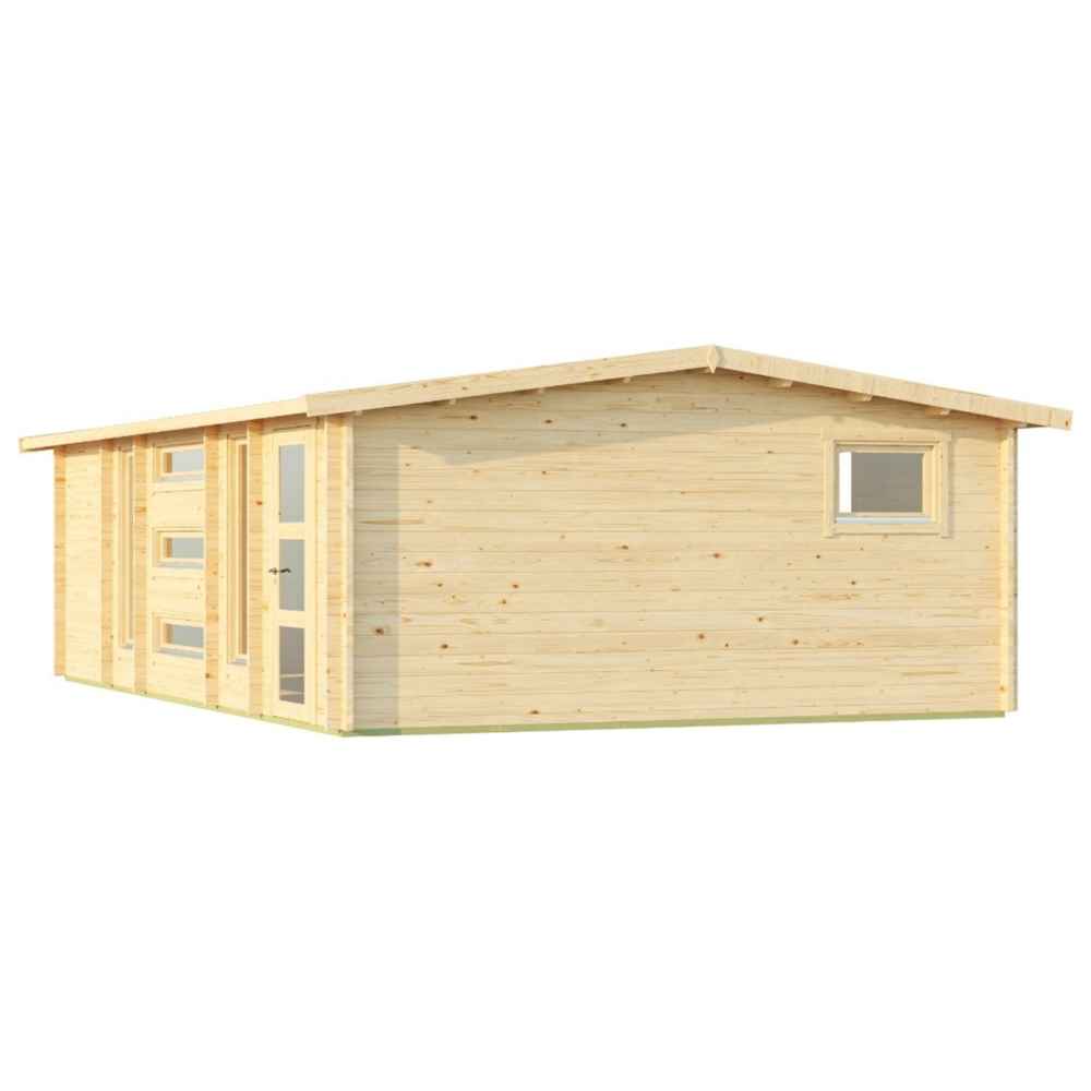 A rear side view of the GardenHouse24 USA Dundee 70C Garden Room shows a simple wooden wall with a small rectangular window and a sloped roof