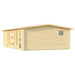 A rear side view of the GardenHouse24 USA Dundee 70C Garden Room shows a simple wooden wall with a small rectangular window and a sloped roof