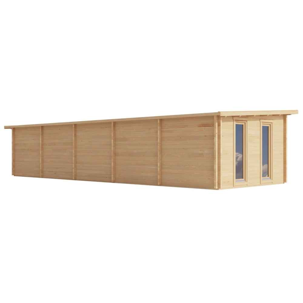 A rear view of the GardenHouse24 USA Game Room 70 Garden Room displays its solid wood wall construction and twin vertical windows for natural lighting