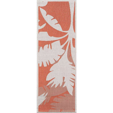 A runner version of Couristan Monaco Indoor/Outdoor Rug - Coastal Flora/Ivory-Orange displays the same tropical ivory and orange palm design in a narrow style