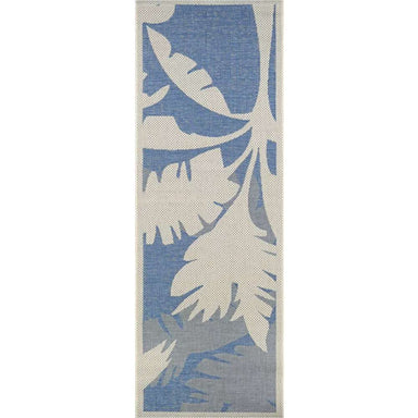A runner version of Couristan Monaco Indoor/Outdoor Rug - Coastal Flora/Ivory-Sapphire displays its elongated shape with botanical details