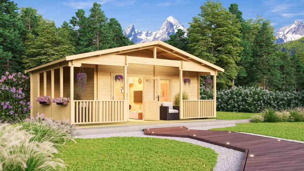 A scenic image of the GardenHouse24 USA Glostrup 44 Garden Room captures the wooden cabin nestled in a lush garden with mountain views in the background