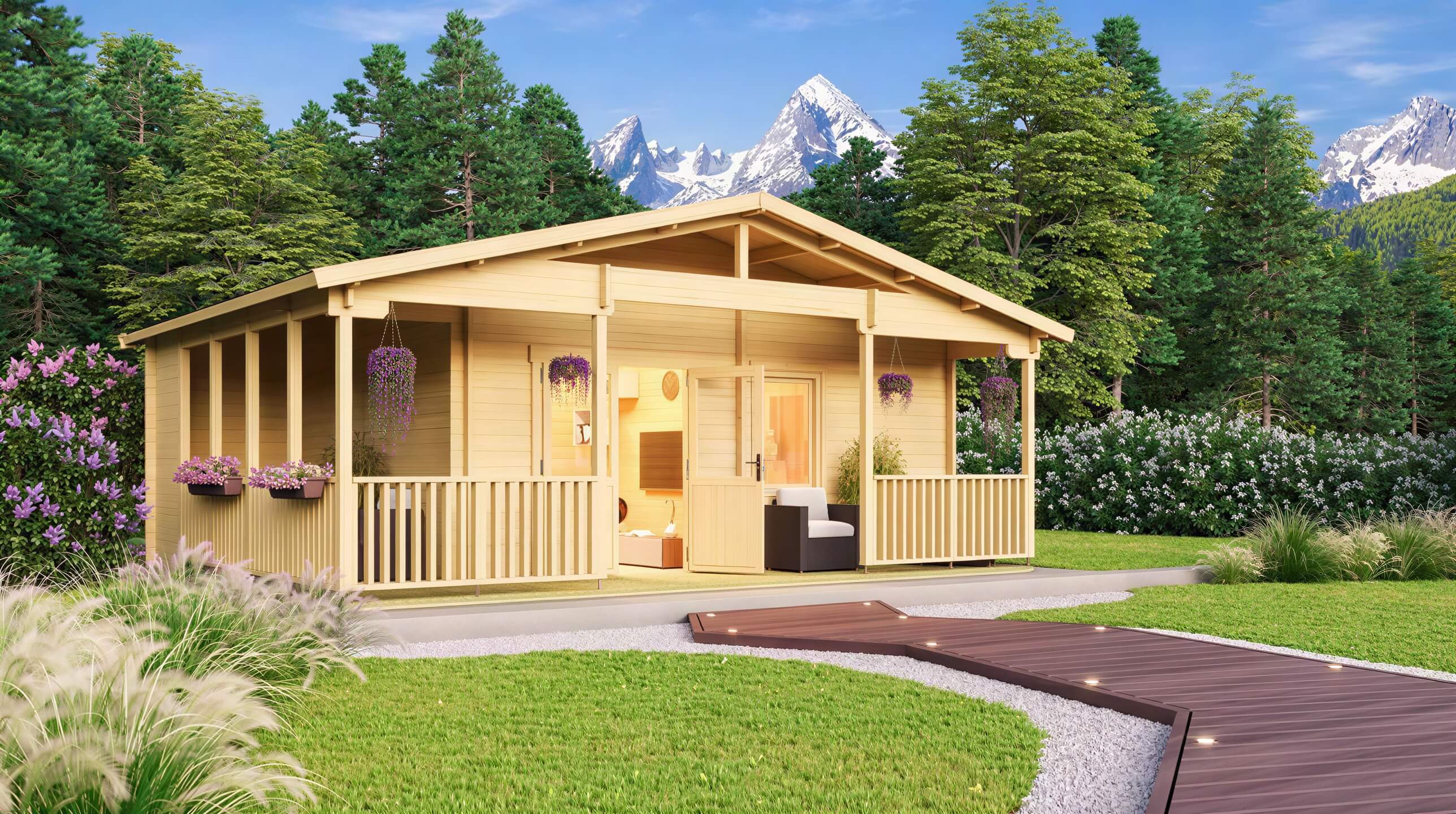 A scenic image of the GardenHouse24 USA Glostrup 44 Garden Room captures the wooden cabin nestled in a lush garden with mountain views in the background