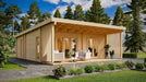 A scenic outdoor photo of the GardenHouse24 USA Arhus 70 Garden Room places it among lush greenery and flowering bushes