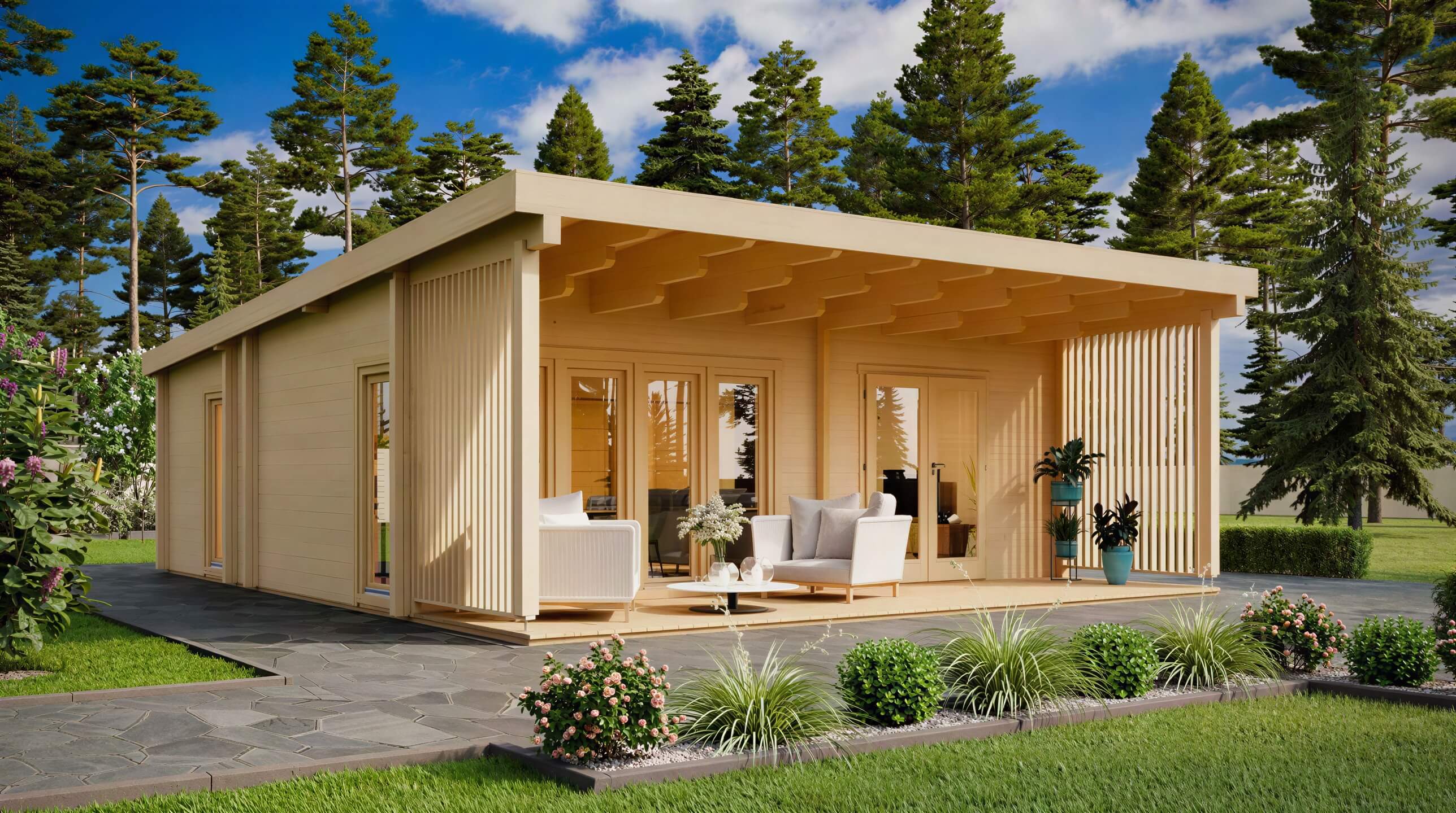 A scenic outdoor photo of the GardenHouse24 USA Arhus 70 Garden Room places it among lush greenery and flowering bushes