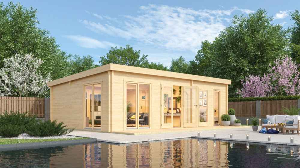 A serene garden view places the GardenHouse24 USA Henning 70 Garden Room beside a reflective pool with vibrant landscaping