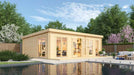 A serene garden view places the GardenHouse24 USA Henning 70 Garden Room beside a reflective pool with vibrant landscaping