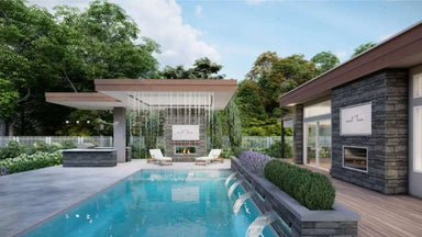 A serene outdoor scene from Sawmill Structures The Algonquin Garden Suites shows a modern pool with cascading water features, loungers, and a shaded fireplace area
