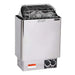 A shiny stainless steel Harvia heater filled with sauna stones, designed for use inside Sawmill Structures CabinSauna