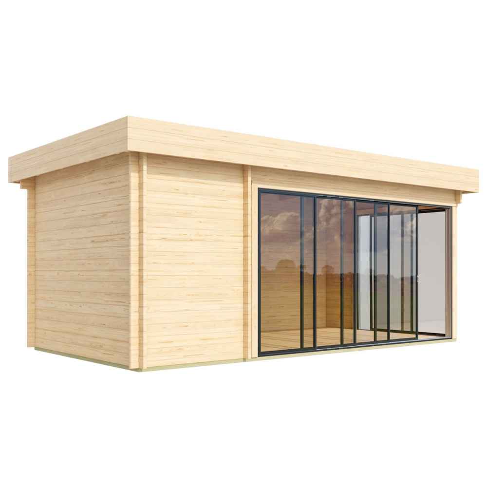 A side-angled image of the GardenHouse24 USA ALU Concept 70C Garden Room highlights the wraparound glass walls and sleek wood siding