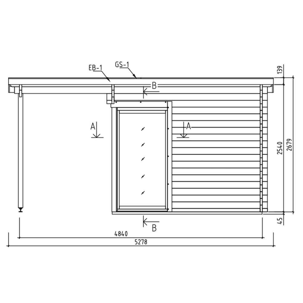 A side elevation diagram shows the GardenHouse24 USA ALU Concept 70F Garden Room with labeled measurements and the position of the front glass door