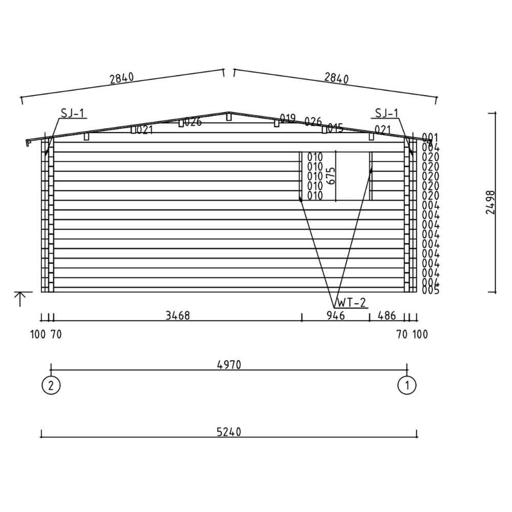 A side elevation drawing of the GardenHouse24 USA Dundee 70C Garden Room illustrates the angled roof, timber wall construction, and window dimensions in architectural detail