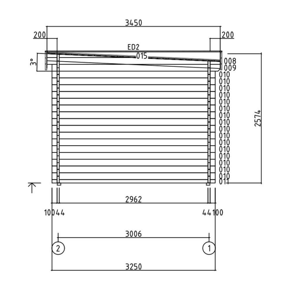 A side elevation drawing of the GardenHouse24 USA Lasse 44A ALU Garden Room reveals the wall height, slope angle, and exact dimensions in millimeters