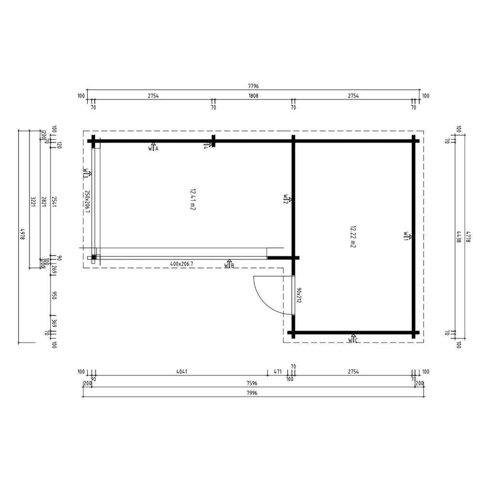 A side elevation of the GardenHouse24 USA ALU Concept 70N Garden Room shows horizontal wooden paneling and the sloped roof’s internal structure