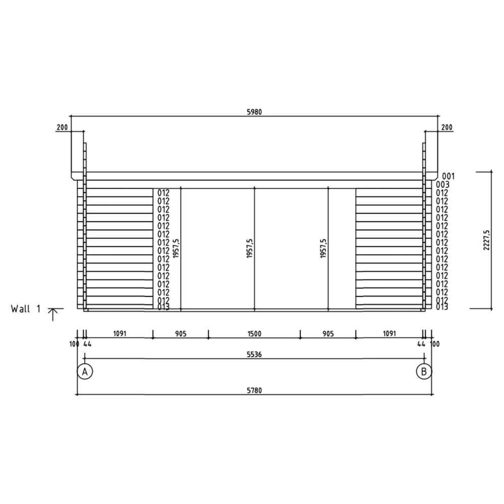 A side elevation plan of the GardenHouse24 USA Davos 44B Garden Room shows three tall window panels and the layout of wall segments