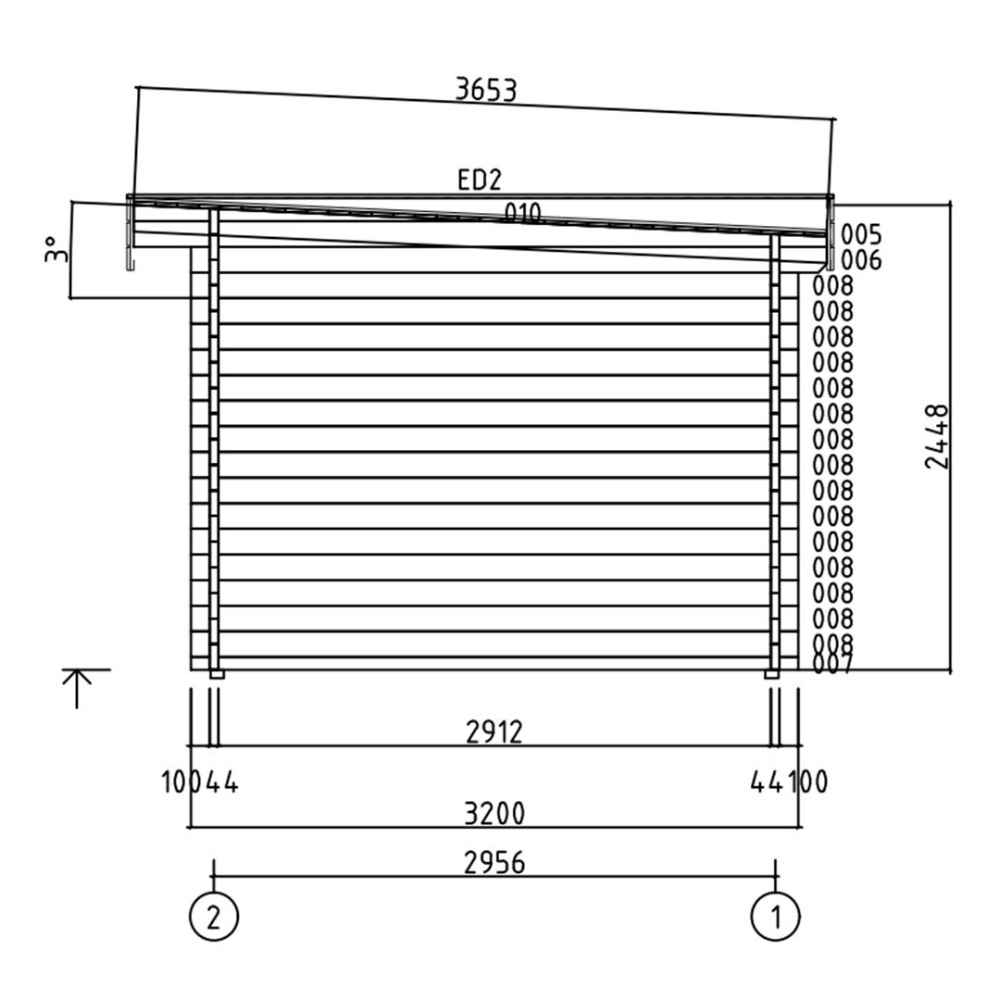A side elevation technical drawing of the GardenHouse24 USA Miriam 44A Modern Garden Room showing the roof pitch and wall dimensions