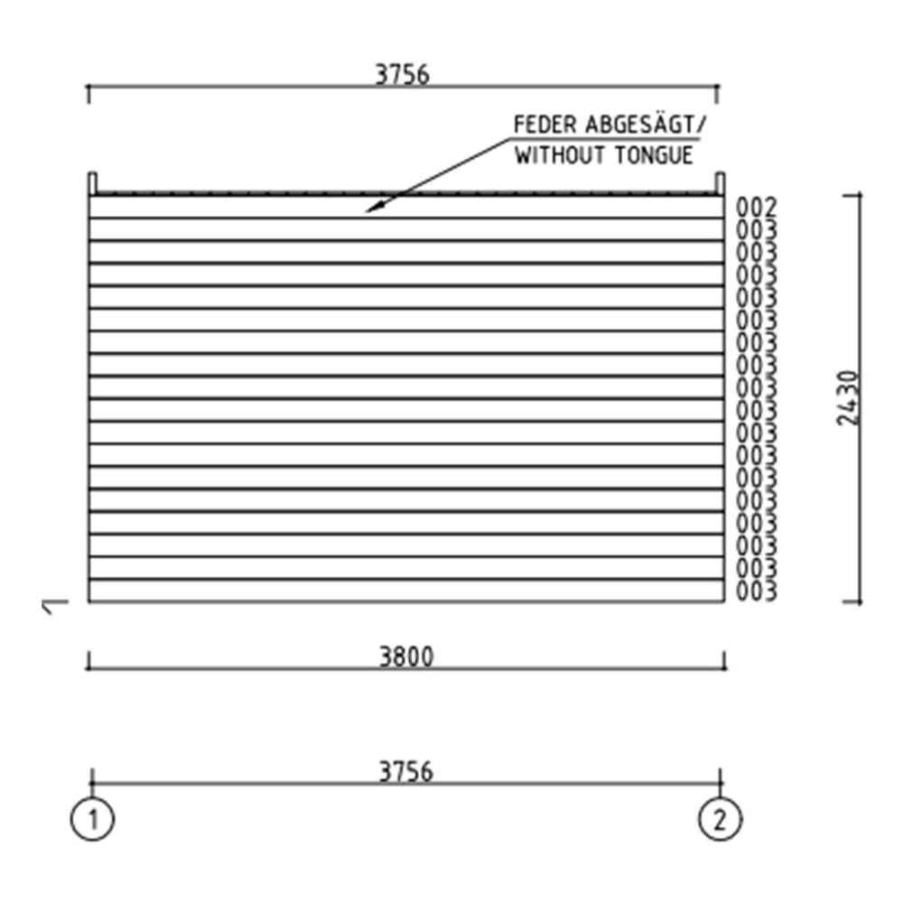 A side elevation technical drawing shows the wall height and width of the GardenHouse24 USA Q Bic ALU 44A Garden Room, including log stacking details