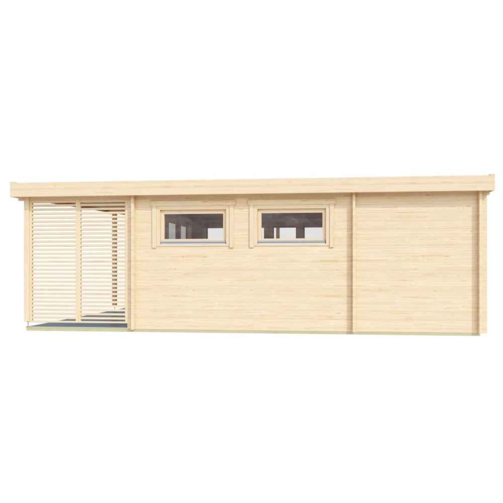 A side profile of the GardenHouse24 USA Kilian 70 Garden Room shows two rectangular windows and minimalist wood paneling
