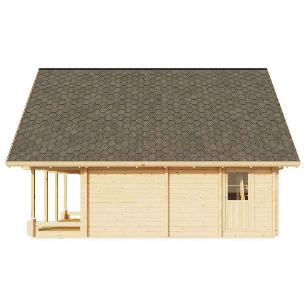 A side profile view highlights the sloped roof and solid wood structure of the GardenHouse24 USA Anders 90A Garden Room