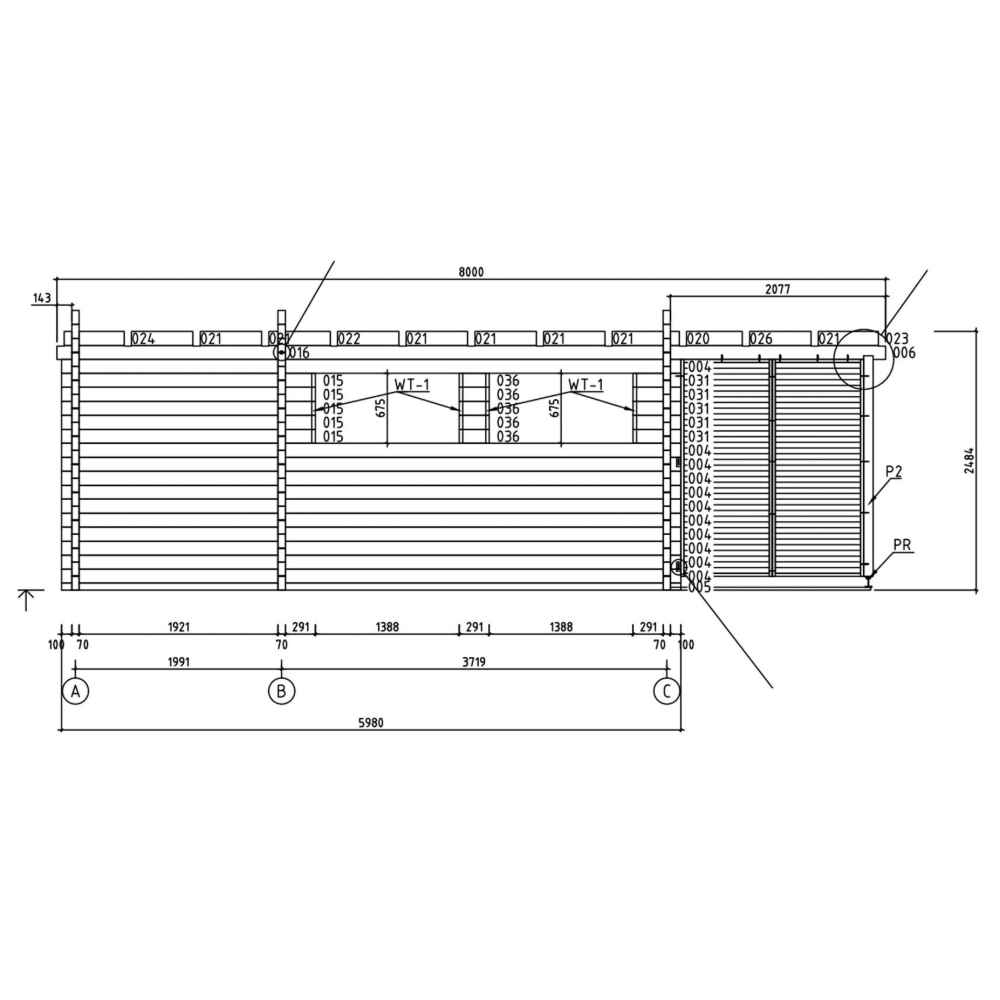 A side technical elevation of the GardenHouse24 USA Kilian 70 Garden Room shows detailed structural and window measurements