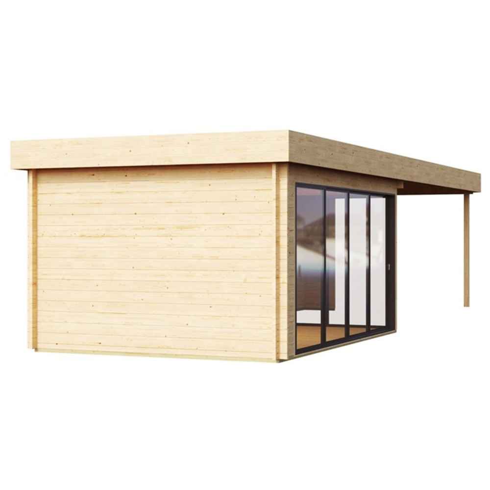 A side view of the GardenHouse24 USA ALU Concept 70A AB Garden Room reveals its wooden exterior and glass sliding doors opening to a modern space