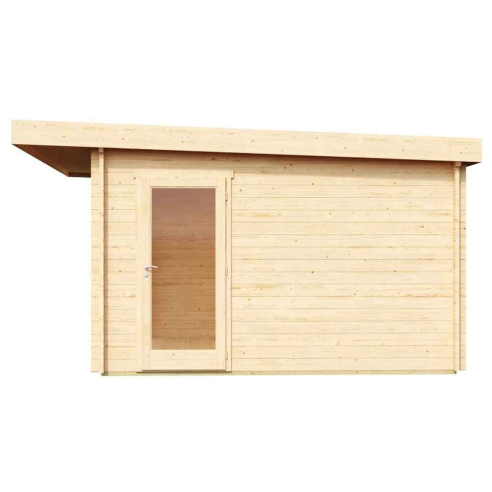 A side view of the GardenHouse24 USA ALU Concept 70E Garden Room features a single door with a tall window pane